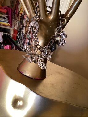 Vintage LUCKY Silver Charm Bracelet with Floral and Horse Charms -